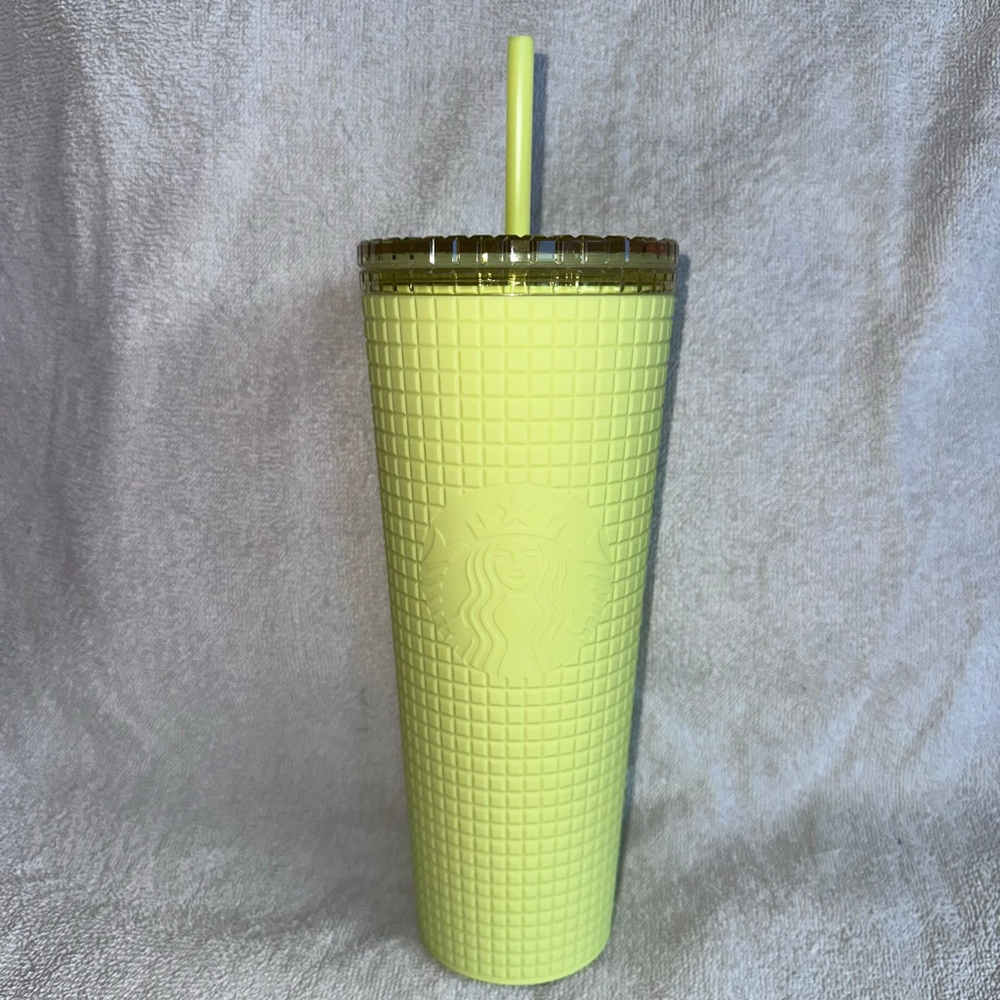 NWT 2022 Starbucks Tumbler Yellow Soft Grid Cold Cup Venti 24oz W/Straw